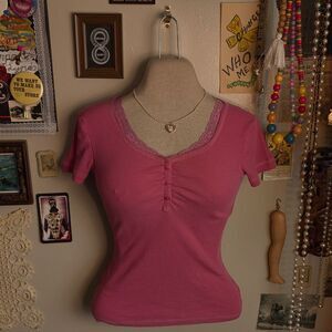 Y2K Lace Henley T-Shirt Women's XS Pink Short Sleeve Ribbed Fitted Vintage